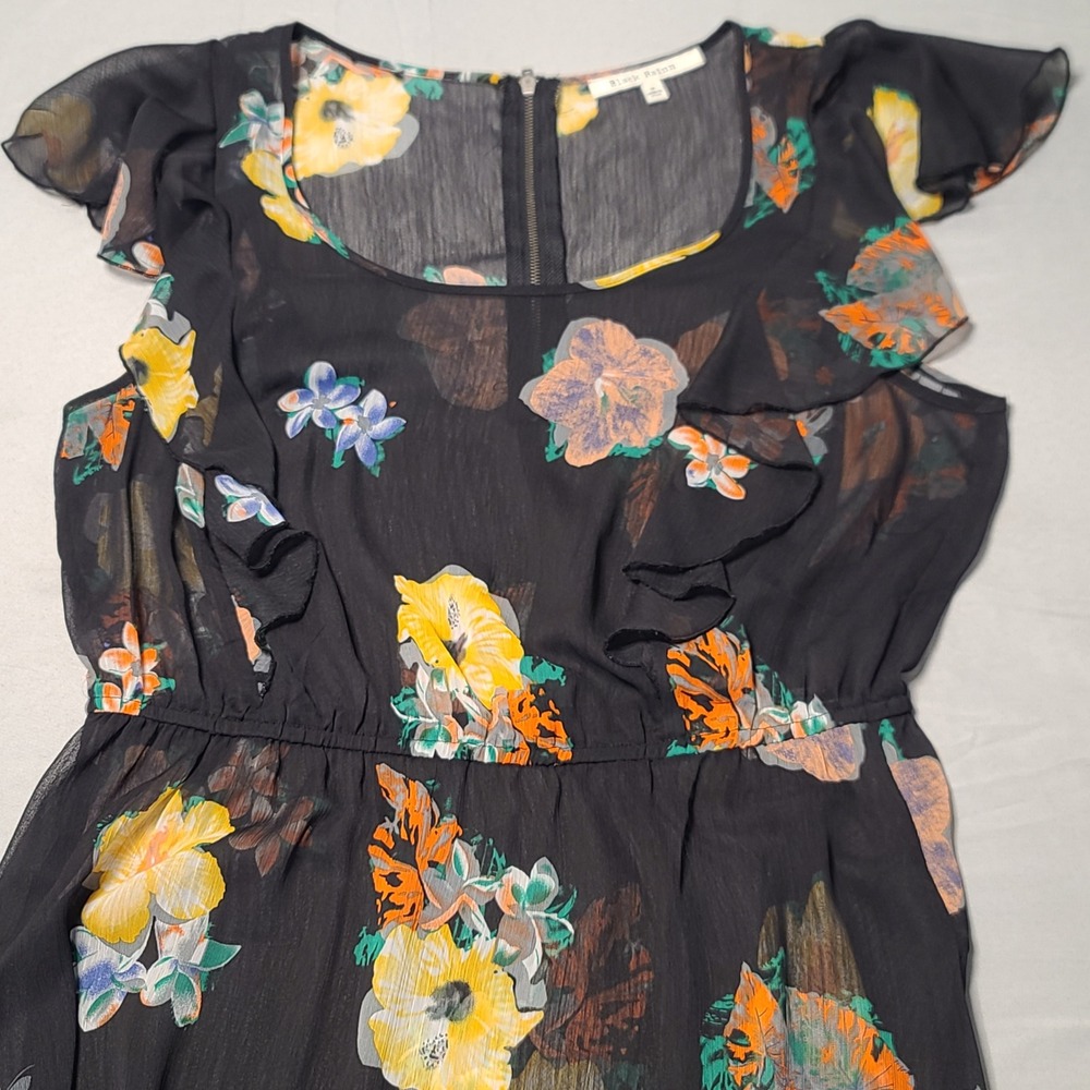 Black Rainn Floral Ruffle Dress Womens Medium Black Yellow Orange Flutter Sleeve